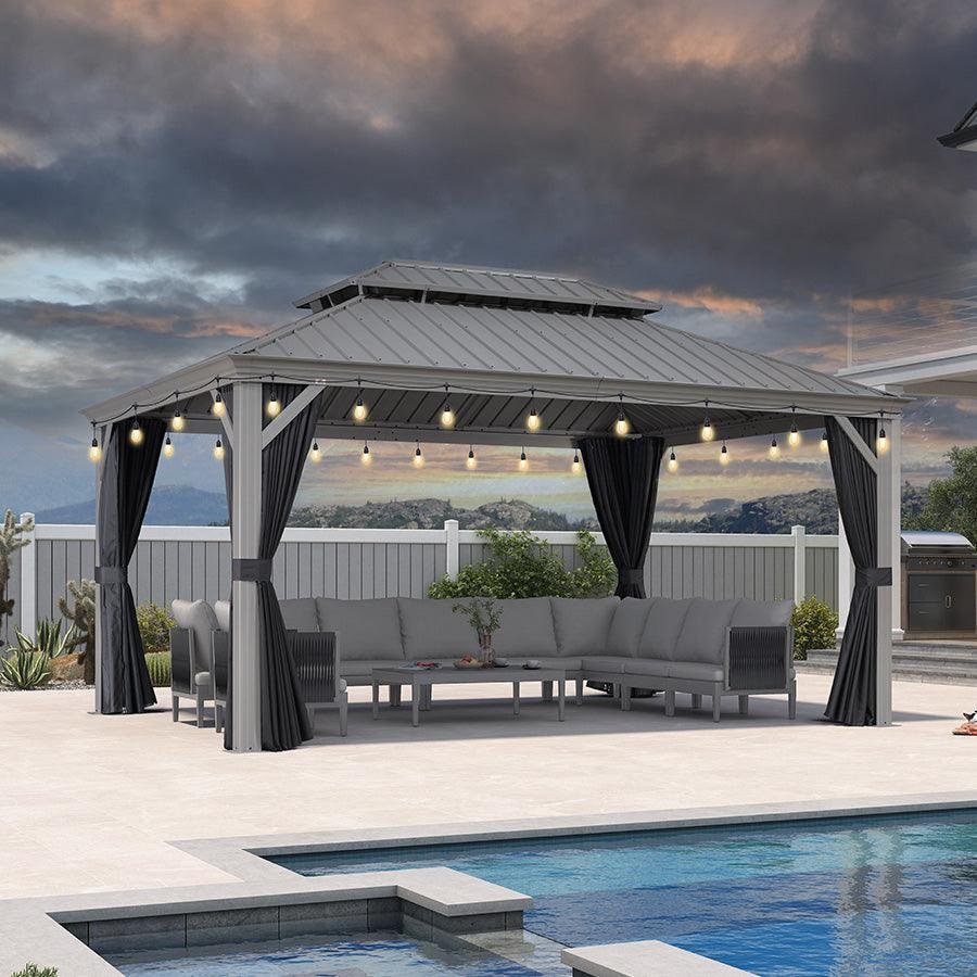 Patio Gazebo for Pool Light Grey Hardtop Galvanized Steel Roof with String Lights-clear - Image 61