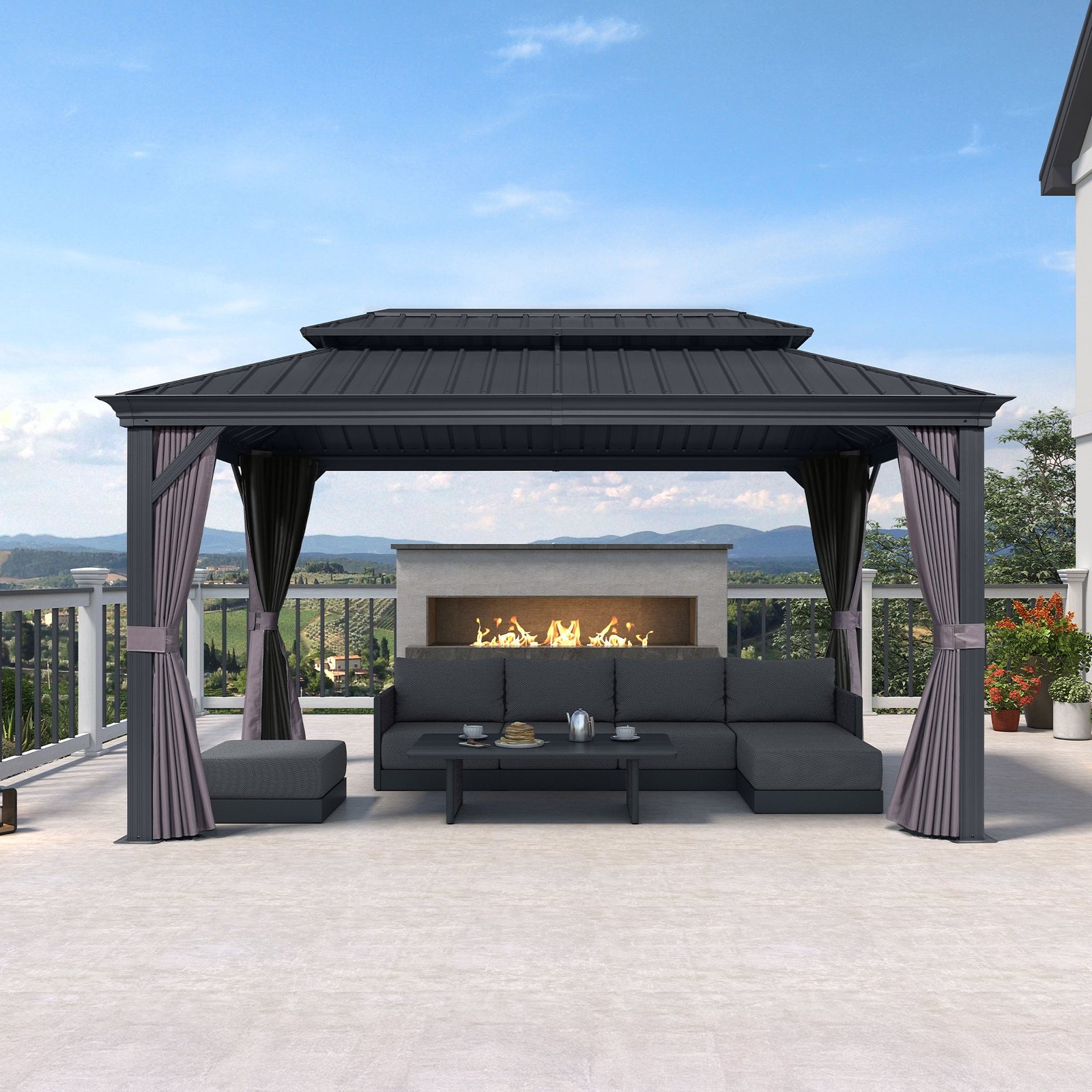 Outdoor Hardtop Gazebo for Patio Bronze Aluminum Frame Pavilion with Navy-Blue Curtain and String Lights-milky