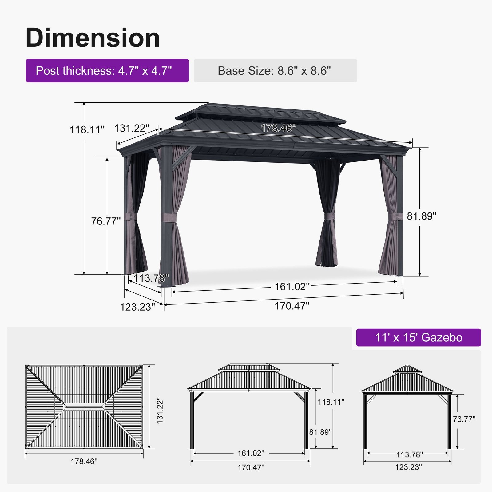 Patio Gazebo for Backyard Grey Hardtop Galvanized Steel Roof Awning with Upgrade Curtain - Image 174
