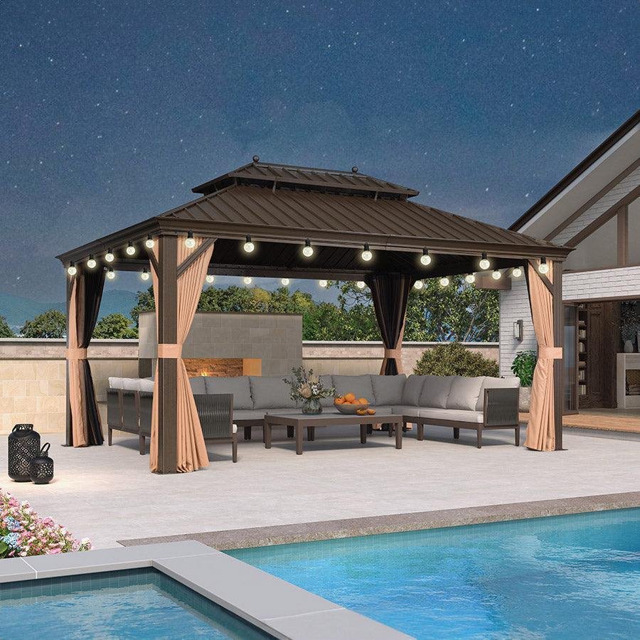 Outdoor Hardtop Gazebo for Garden Bronze Double Roof Aluminum Frame Pavilion with String Lights-milky - Image 78