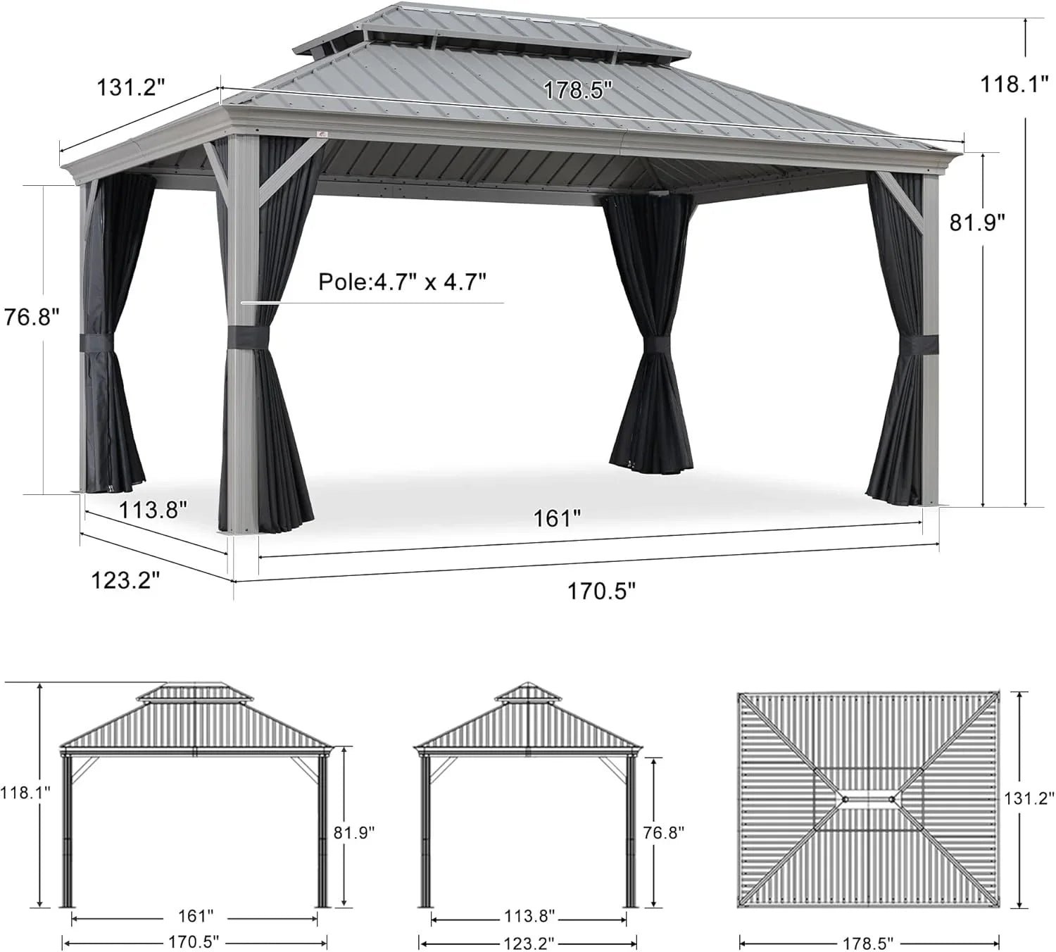 Patio Gazebo for Pool Light Grey Hardtop Galvanized Steel Roof with Upgraded Curtains - Image 93