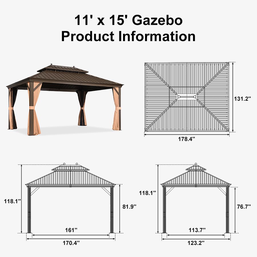 Outdoor Hardtop Gazebo for Garden Bronze Double Roof Aluminum Frame Pavilion with String Lights-clear - Image 141