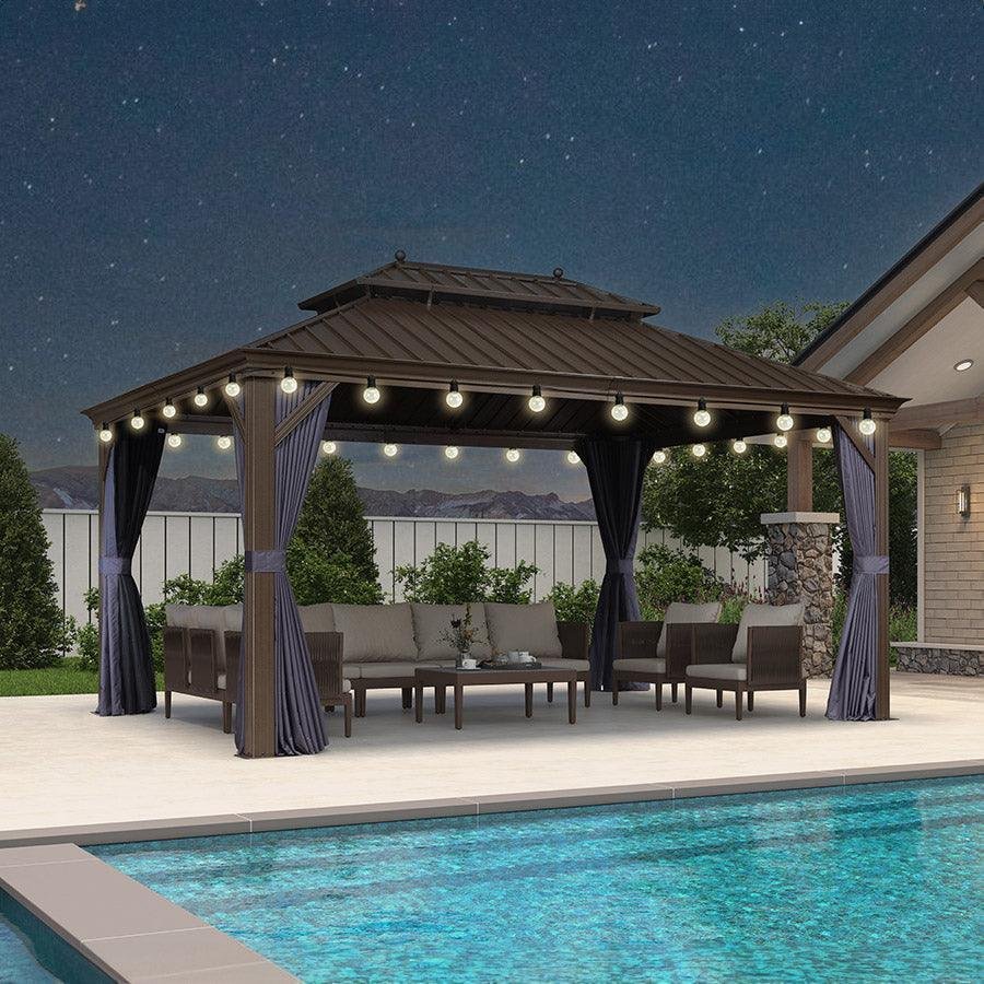 Outdoor Hardtop Gazebo for Patio Bronze Aluminum Frame Pavilion with Navy-Blue Curtain and String Lights-milky - Image 70