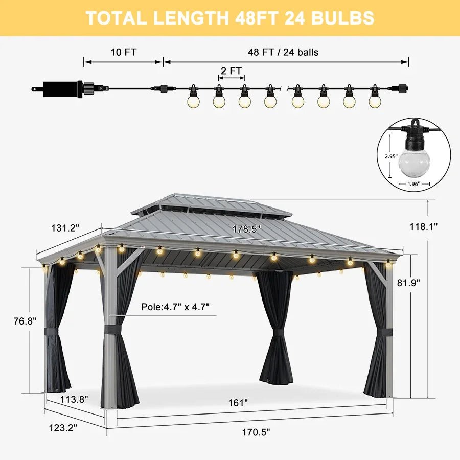 Patio Gazebo for Pool Light Grey Hardtop Galvanized Steel Roof with String Lights-clear - Image 90