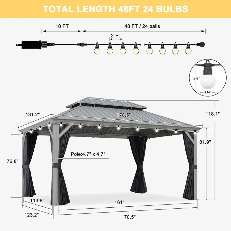Patio Gazebo for Pool Light Grey Hardtop Galvanized Steel Roof with String Lights-milky - Image 91
