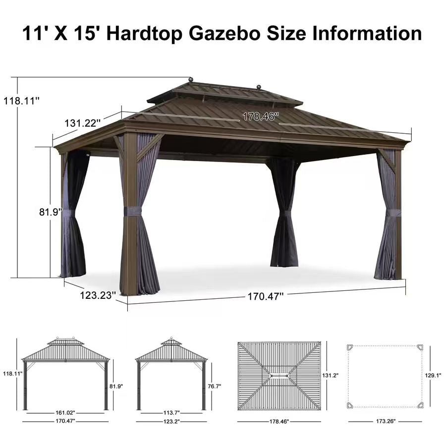 Outdoor Hardtop Gazebo for Patio Bronze Aluminum Frame Pavilion with Navy-Blue Curtain and String Lights-milky - Image 119