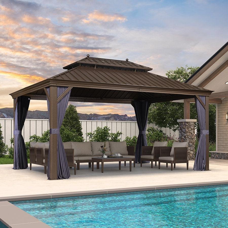 Outdoor Hardtop Gazebo for Patio Bronze Aluminum Frame Pavilion with Navy-Blue Curtain and String Lights-milky - Image 67