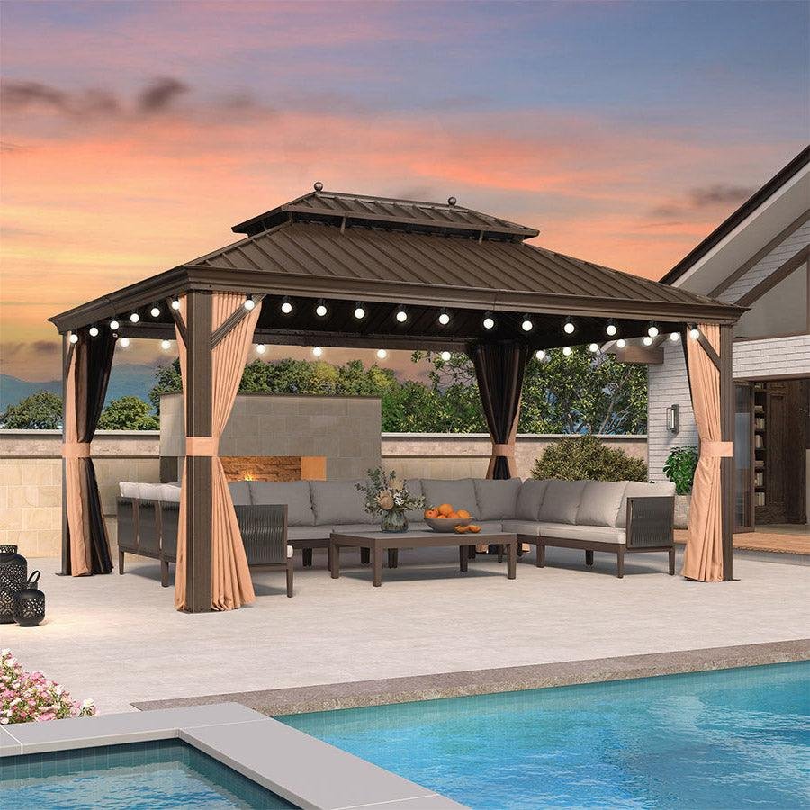 Outdoor Hardtop Gazebo for Garden Bronze Double Roof Aluminum Frame Pavilion with String Lights-milky - Image 92