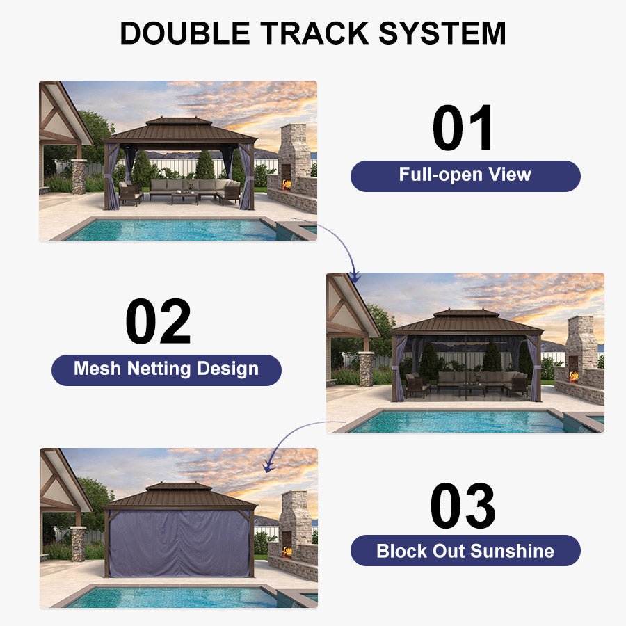 Outdoor Hardtop Gazebo for Patio Bronze Aluminum Frame Pavilion with Navy-Blue Curtain and String Lights-milky - Image 82