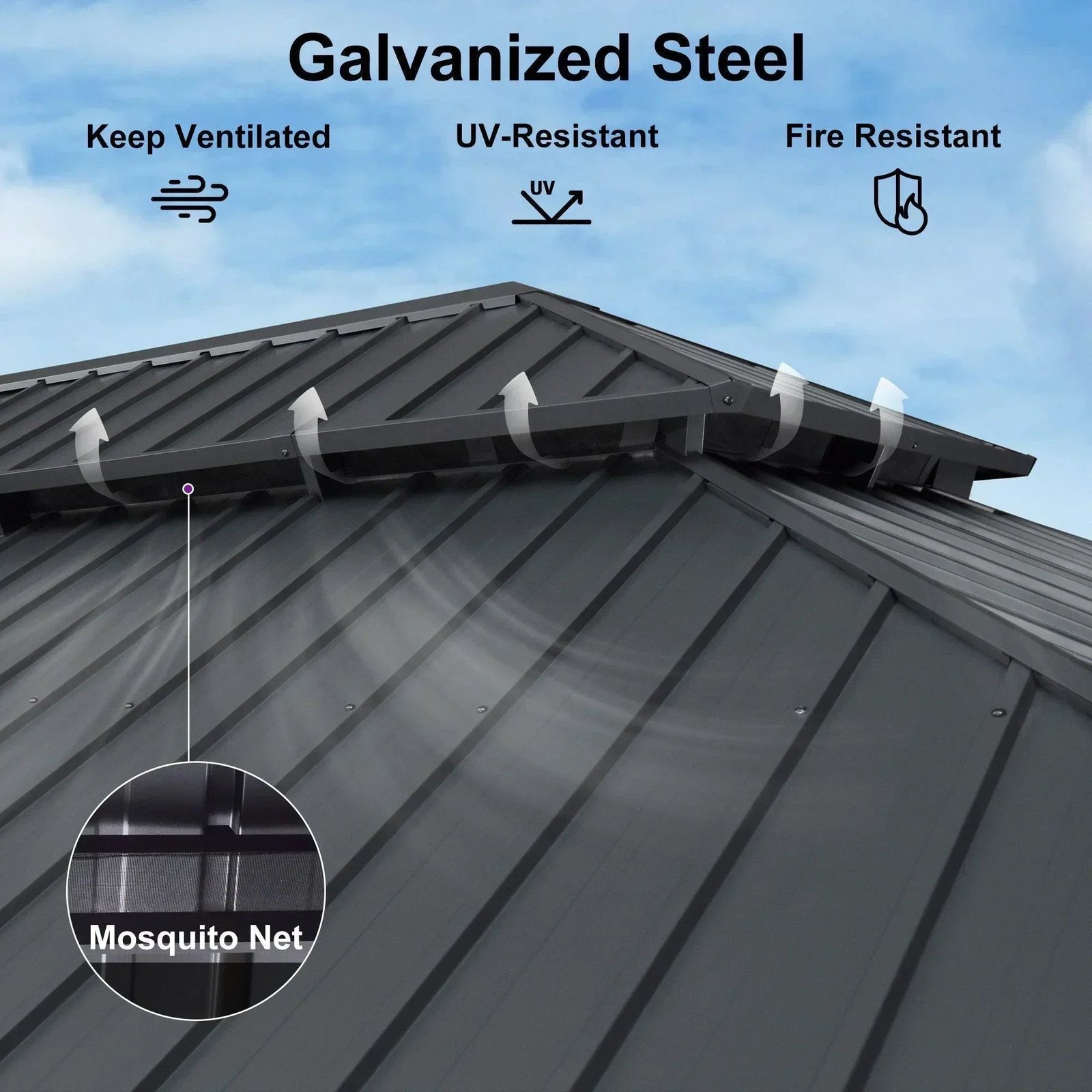 Patio Gazebo for Backyard Grey Hardtop Galvanized Steel Roof Awning with Upgrade Curtain - Image 95