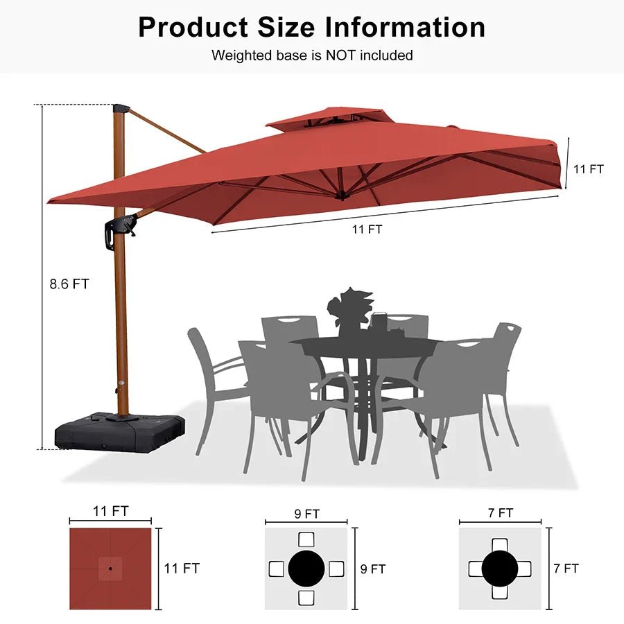 Double Top 9 / 10 / 11 / 12 ft Square Aluminum Sun Umbrellas in Wood Color - Image 177