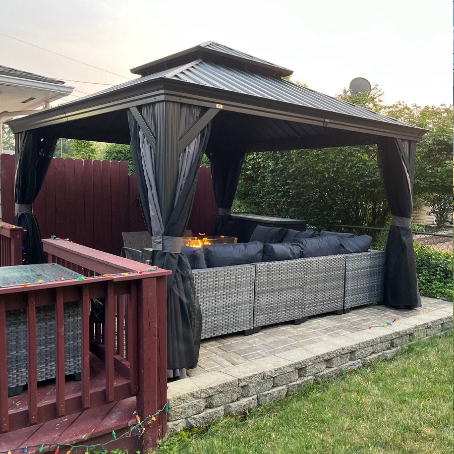 Gazebo for Backyard Grey Hardtop Galvanized Steel Roof Awning String Lights-milky - Image 84