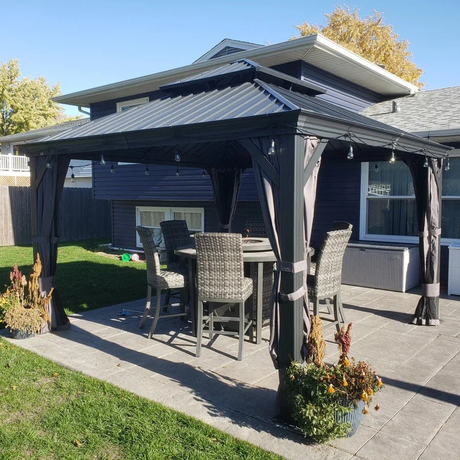 Gazebo for Backyard Grey Hardtop Galvanized Steel Roof Awning String Lights-milky - Image 65