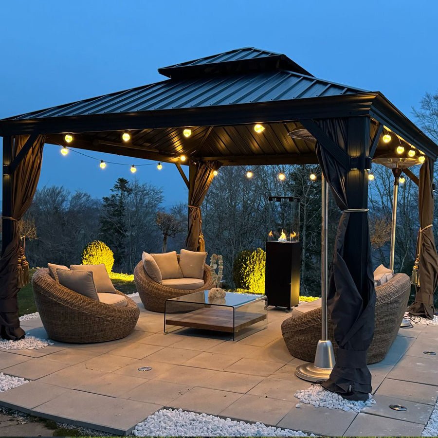 Gazebo for Backyard Grey Hardtop Galvanized Steel Roof Awning String Lights-milky - Image 85