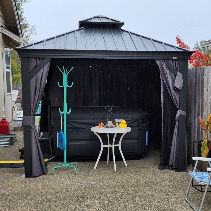 Patio Gazebo for Backyard Grey Hardtop Galvanized Steel Roof Awning with Upgrade Curtain - Image 142
