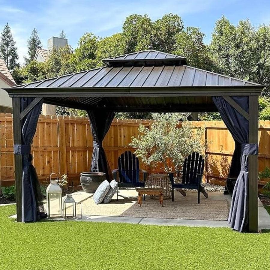 Outdoor Hardtop Gazebo for Patio Bronze Aluminum Frame Pavilion with Navy-Blue Curtain and String Lights-milky - Image 76