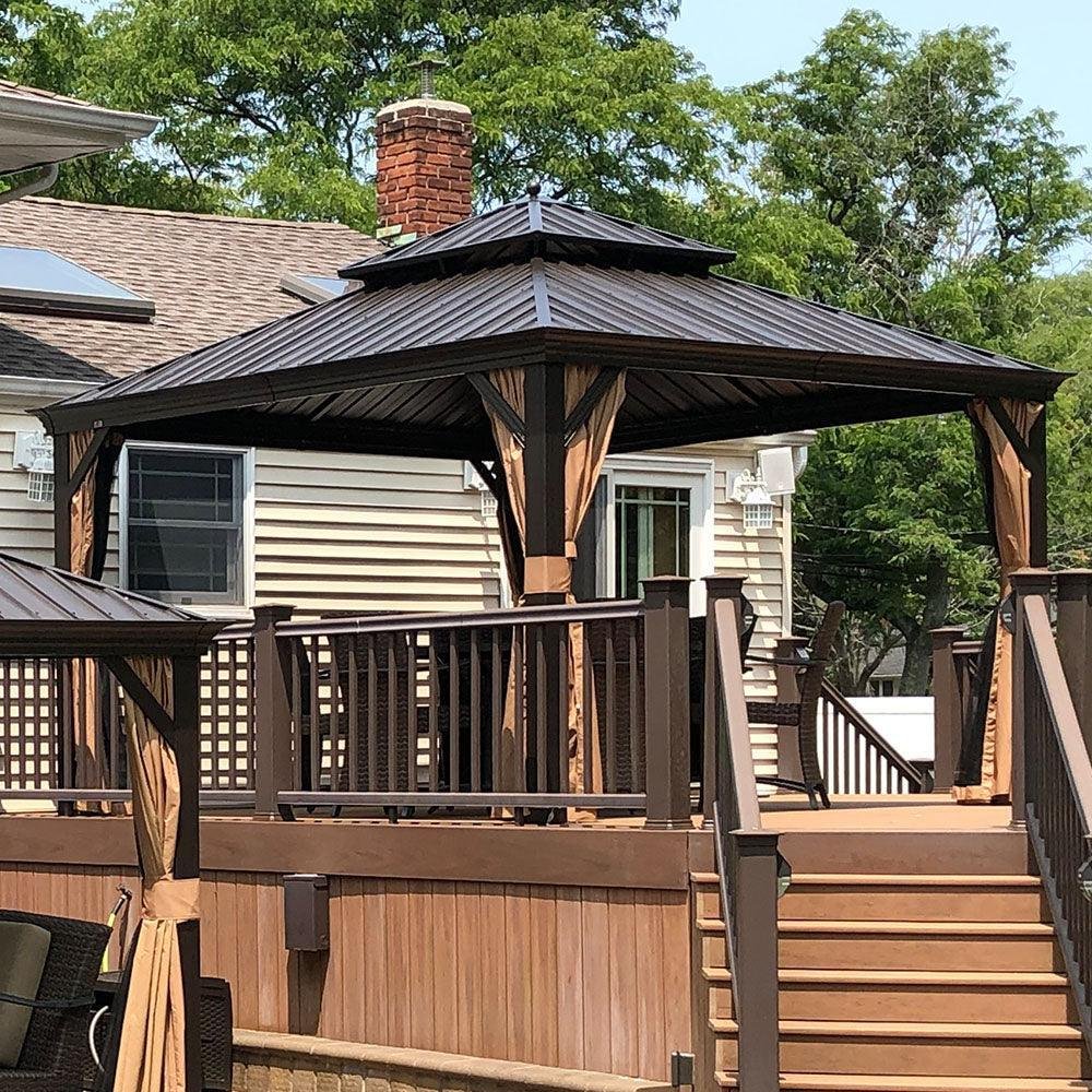 Outdoor Hardtop Gazebo for Garden Bronze Double Roof Aluminum Frame Pavilion with String Lights-milky - Image 47