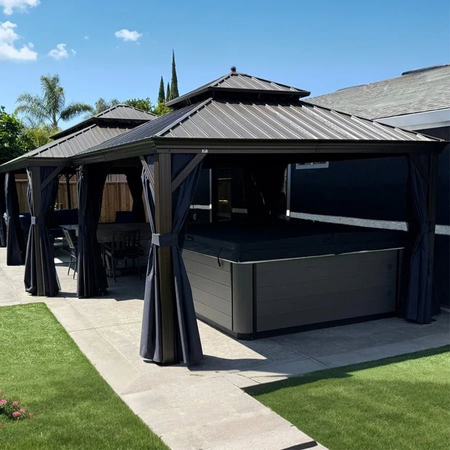 Outdoor Hardtop Gazebo for Patio Bronze Aluminum Frame Pavilion with Navy-Blue Curtain and String Lights-clear - Image 113