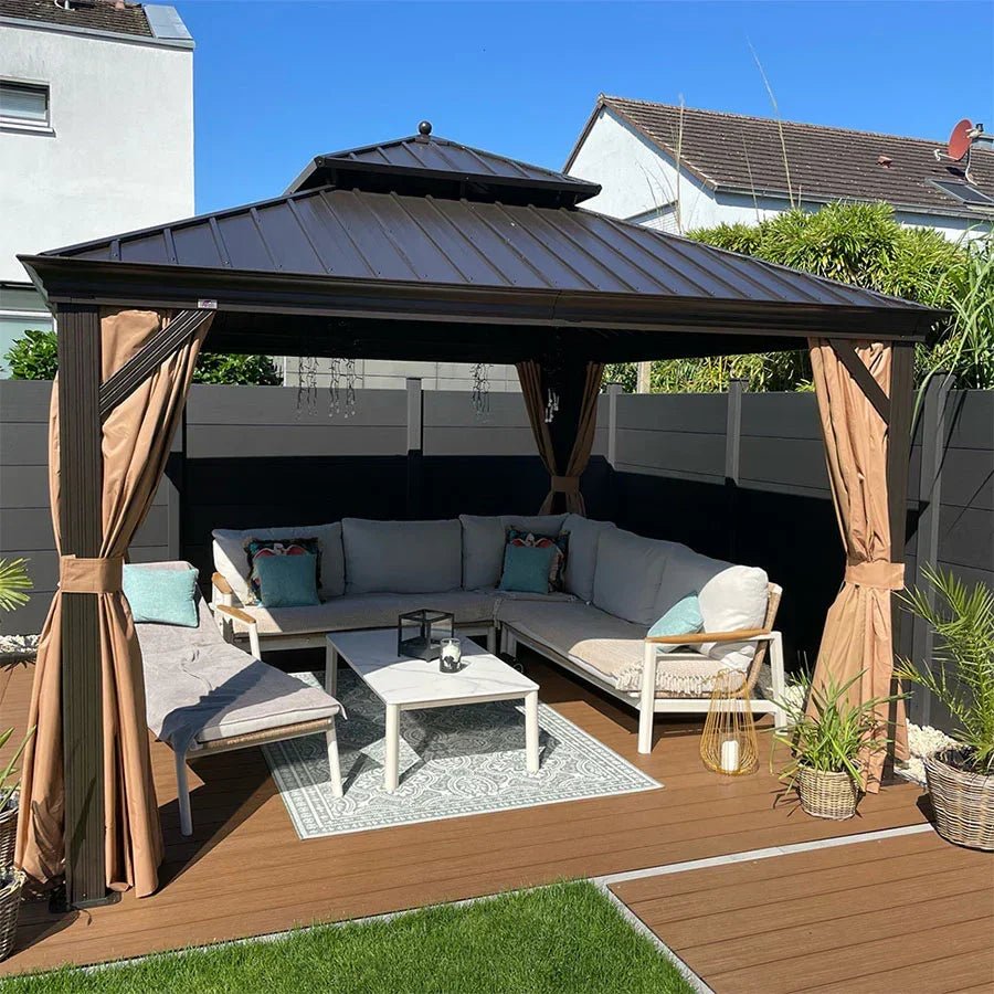 Outdoor Hardtop Gazebo for Garden Bronze Double Roof Aluminum Frame Pavilion with String Lights-milky - Image 107