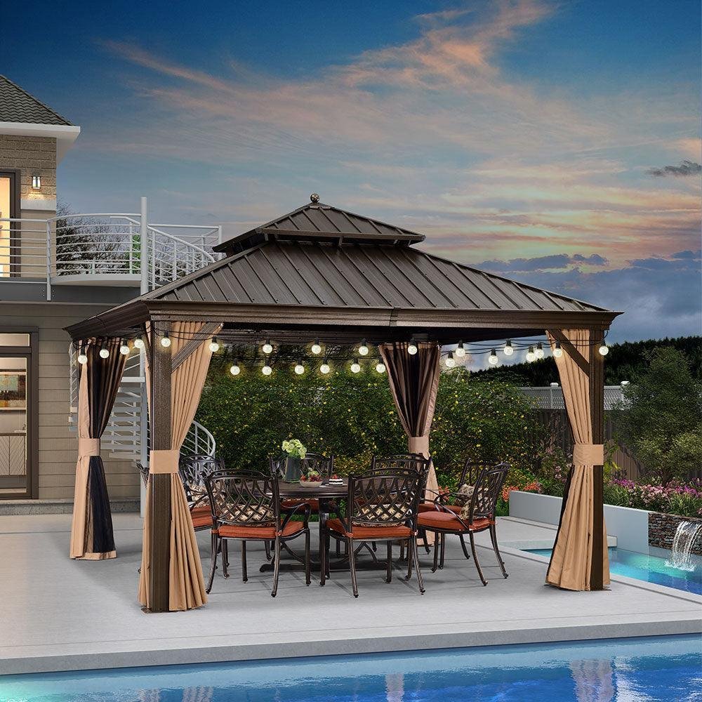 Outdoor Hardtop Gazebo for Garden Bronze Double Roof Aluminum Frame Pavilion with String Lights-milky - Image 42
