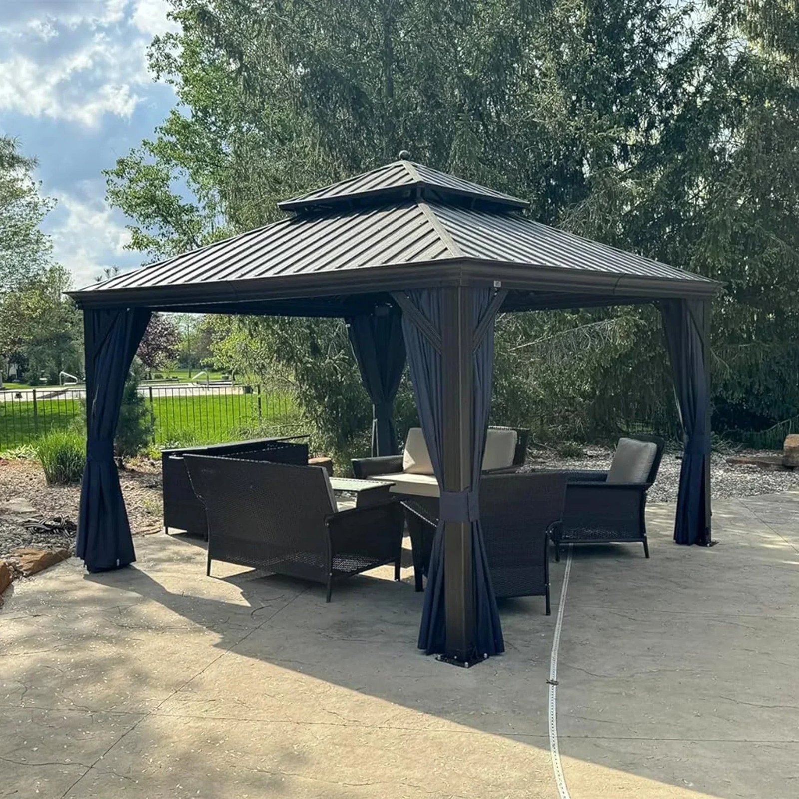 Outdoor Hardtop Gazebo for Patio Bronze Aluminum Frame Pavilion with Navy-Blue Curtain and String Lights-milky - Image 118