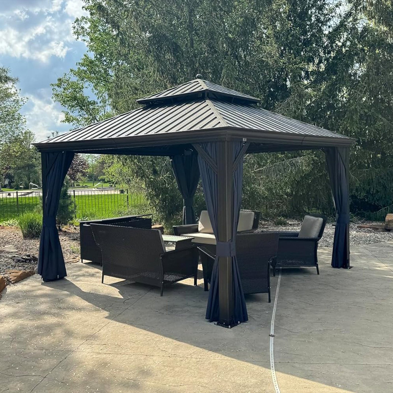 Outdoor Hardtop Gazebo for Patio Bronze Aluminum Frame Pavilion with Navy-Blue Curtain and String Lights-clear - Image 129