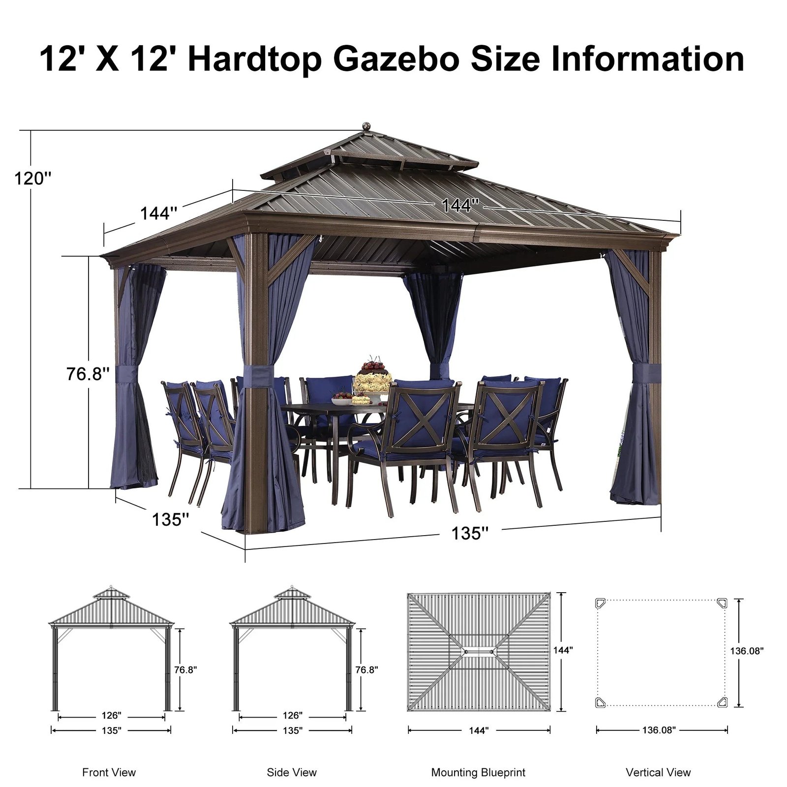 Outdoor Hardtop Gazebo for Patio Bronze Aluminum Frame Pavilion with Navy-Blue Curtain and String Lights-milky - Image 109