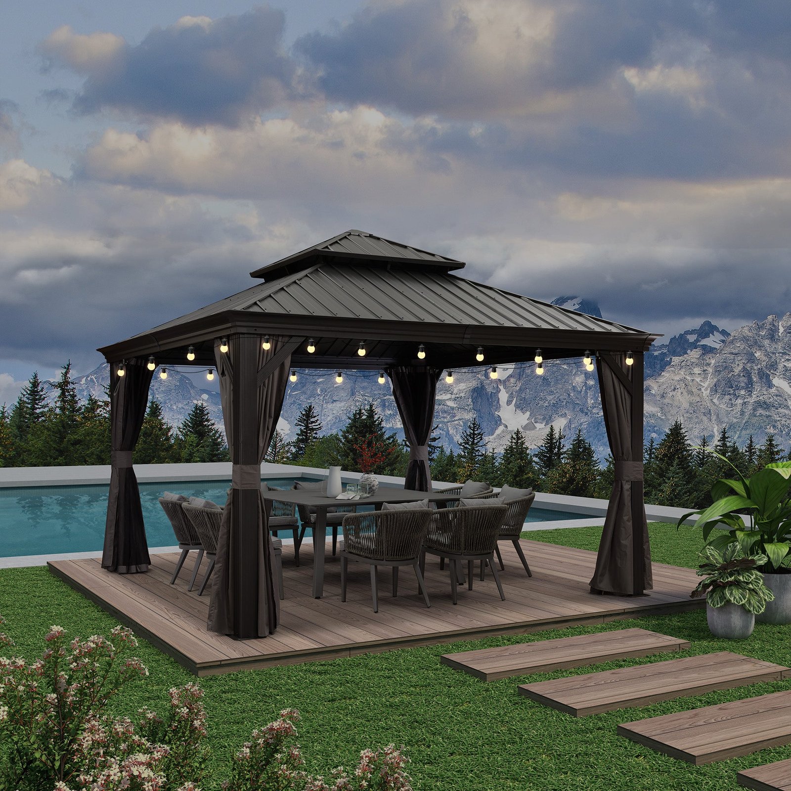 Gazebo for Backyard Grey Hardtop Galvanized Steel Roof Awning String Lights-milky - Image 4