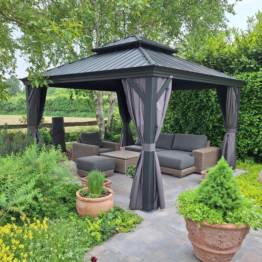 Patio Gazebo for Backyard Grey Hardtop Galvanized Steel Roof Awning with Upgrade Curtain - Image 3