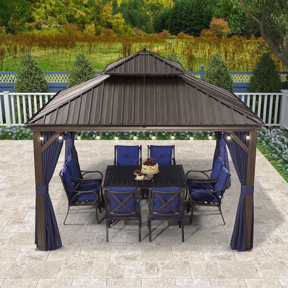 Outdoor Hardtop Gazebo for Patio Bronze Aluminum Frame Pavilion with Navy-Blue Curtain and String Lights-milky - Image 41