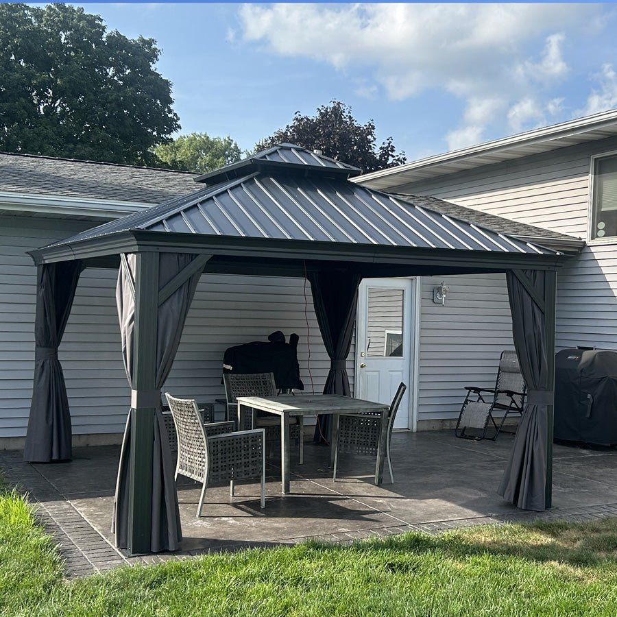 Gazebo for Backyard Grey Hardtop Galvanized Steel Roof Awning String Lights-milky - Image 86