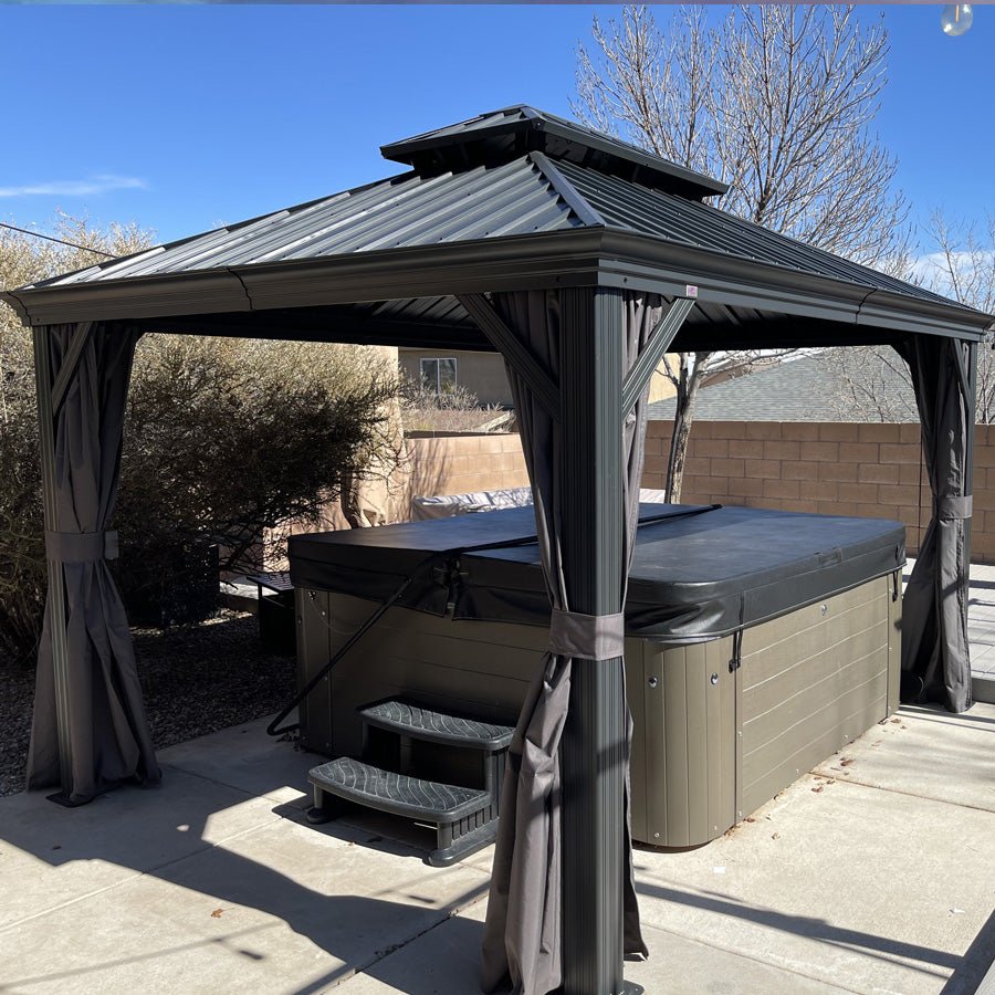 Patio Gazebo for Backyard Grey Hardtop Galvanized Steel Roof Awning with Upgrade Curtain - Image 143