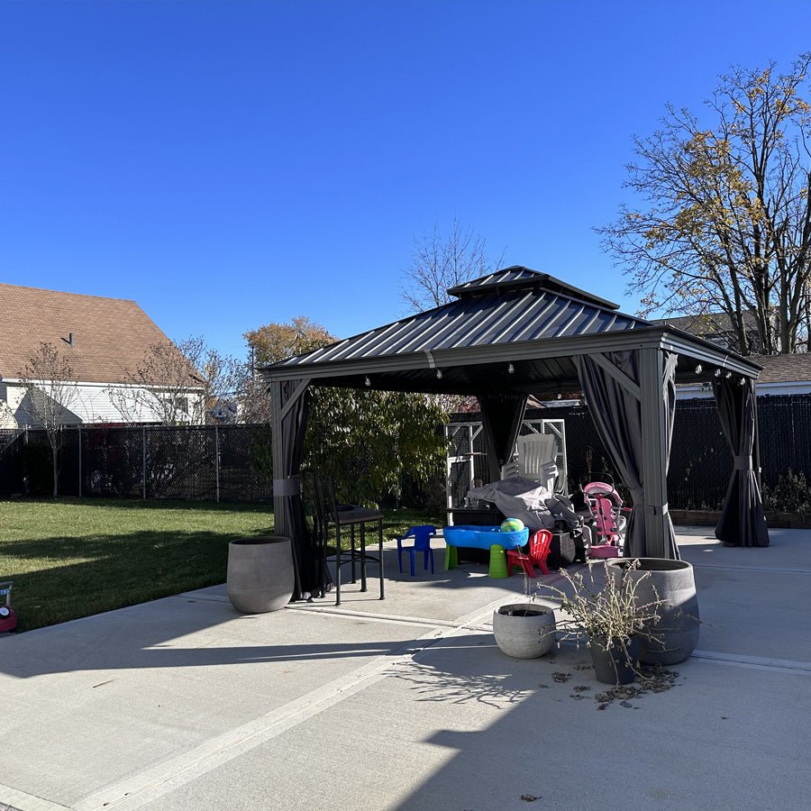 Patio Gazebo for Backyard Grey Hardtop Galvanized Steel Roof Awning with Upgrade Curtain - Image 146