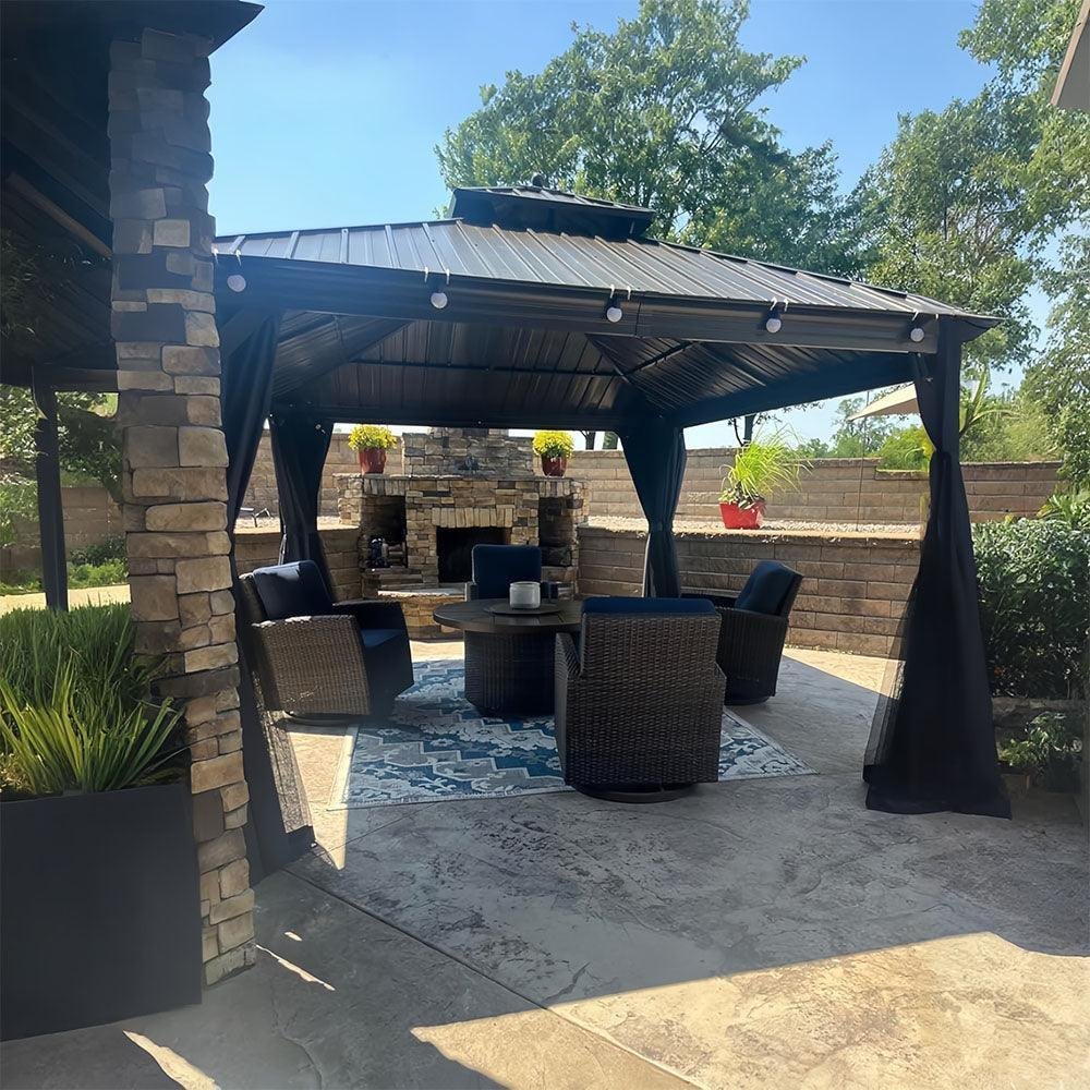 Outdoor Hardtop Gazebo for Patio Bronze Aluminum Frame Pavilion with Navy-Blue Curtain and String Lights-milky - Image 50