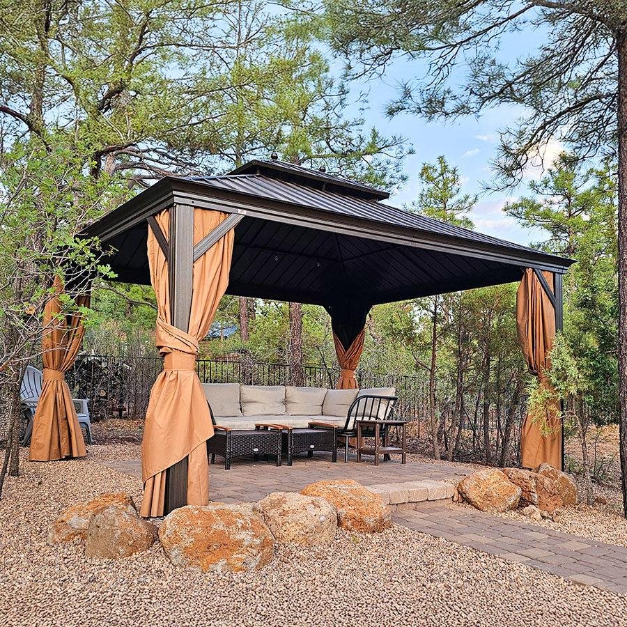 Outdoor Hardtop Gazebo for Garden Bronze Double Roof Aluminum Frame Pavilion with String Lights-clear - Image 114