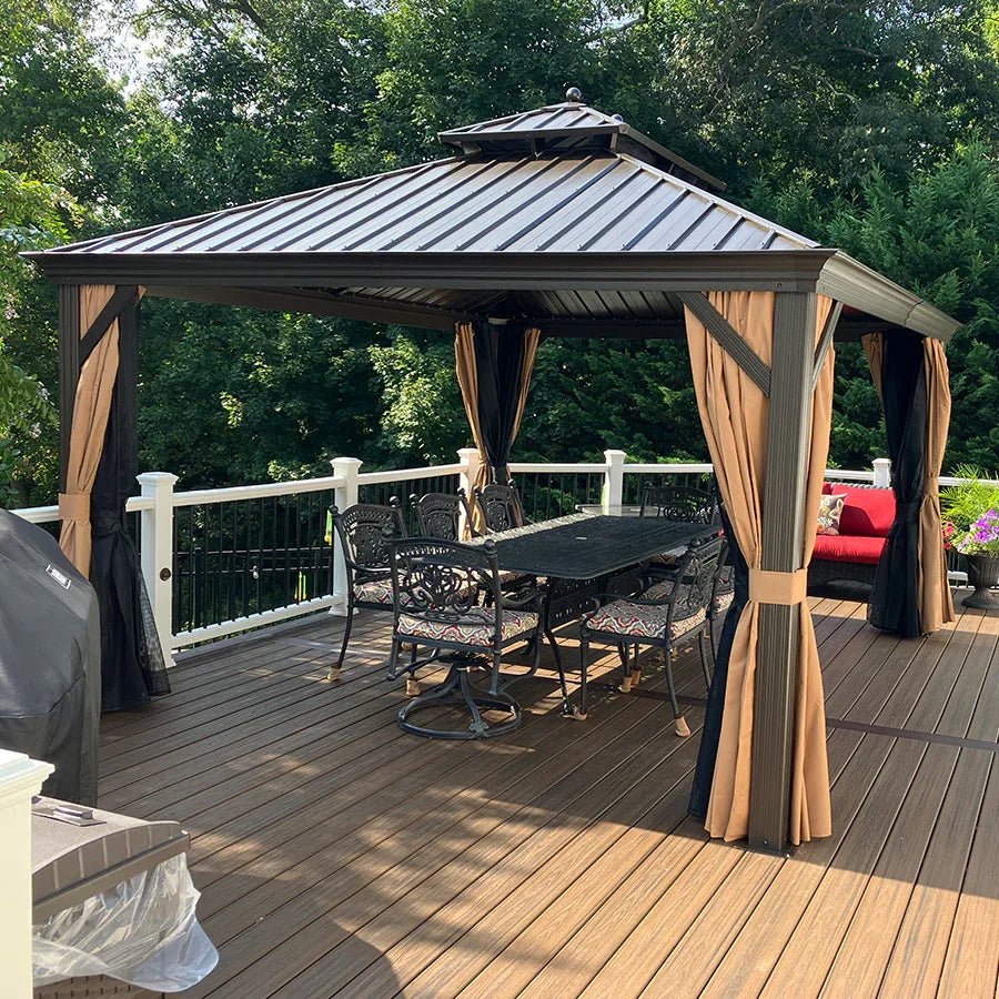 Outdoor Hardtop Gazebo for Garden Bronze Double Roof Aluminum Frame Pavilion with String Lights-milky - Image 110