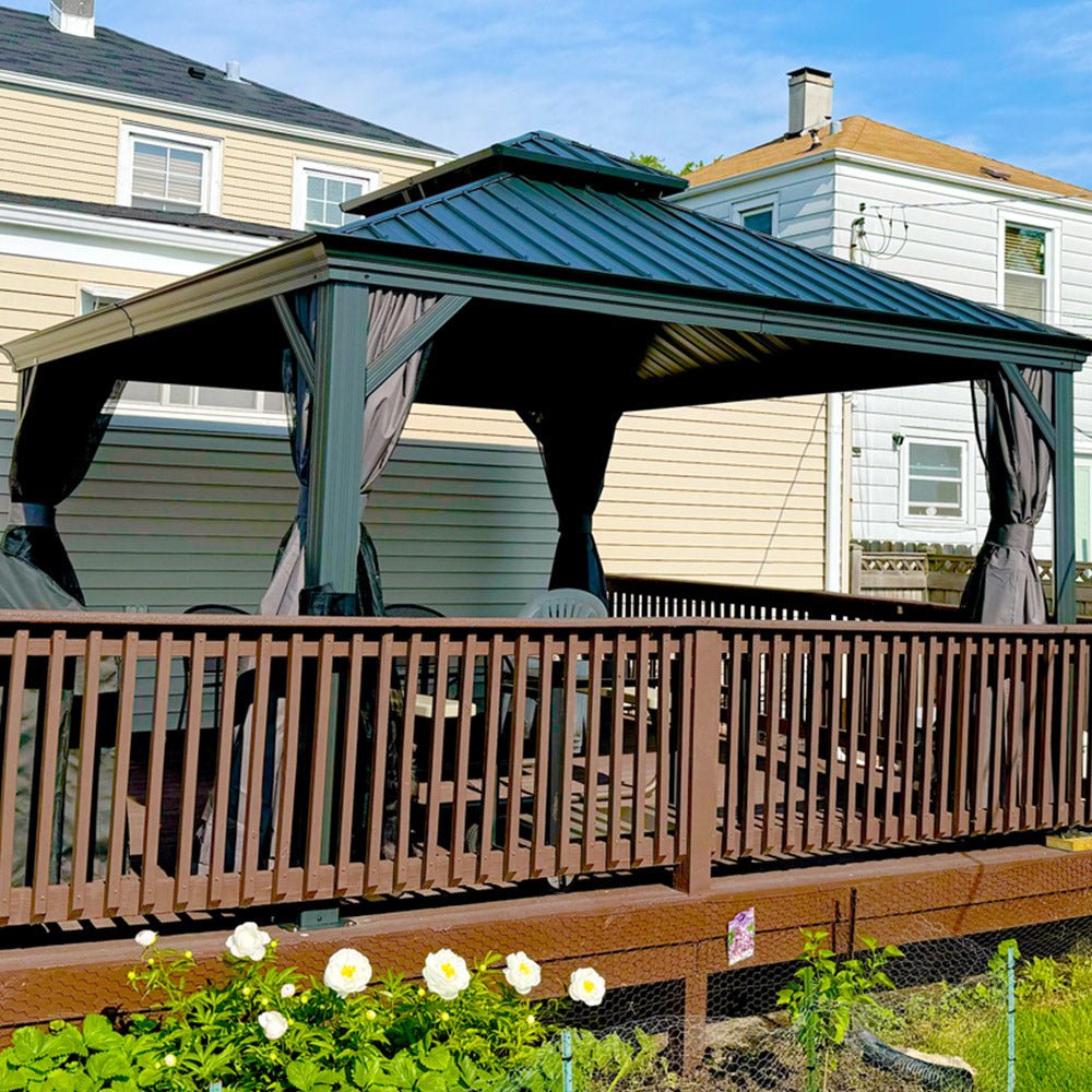 Gazebo for Backyard Grey Hardtop Galvanized Steel Roof Awning String Lights-milky - Image 87