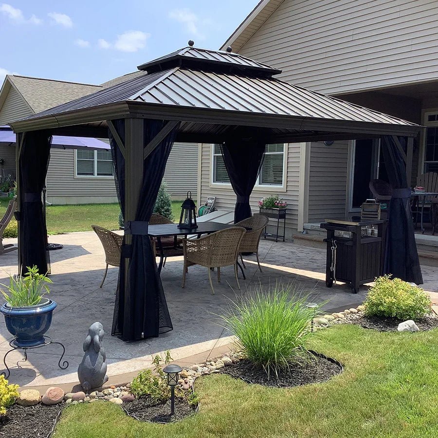 Outdoor Hardtop Gazebo for Patio Bronze Aluminum Frame Pavilion with Navy-Blue Curtain and String Lights-milky - Image 102
