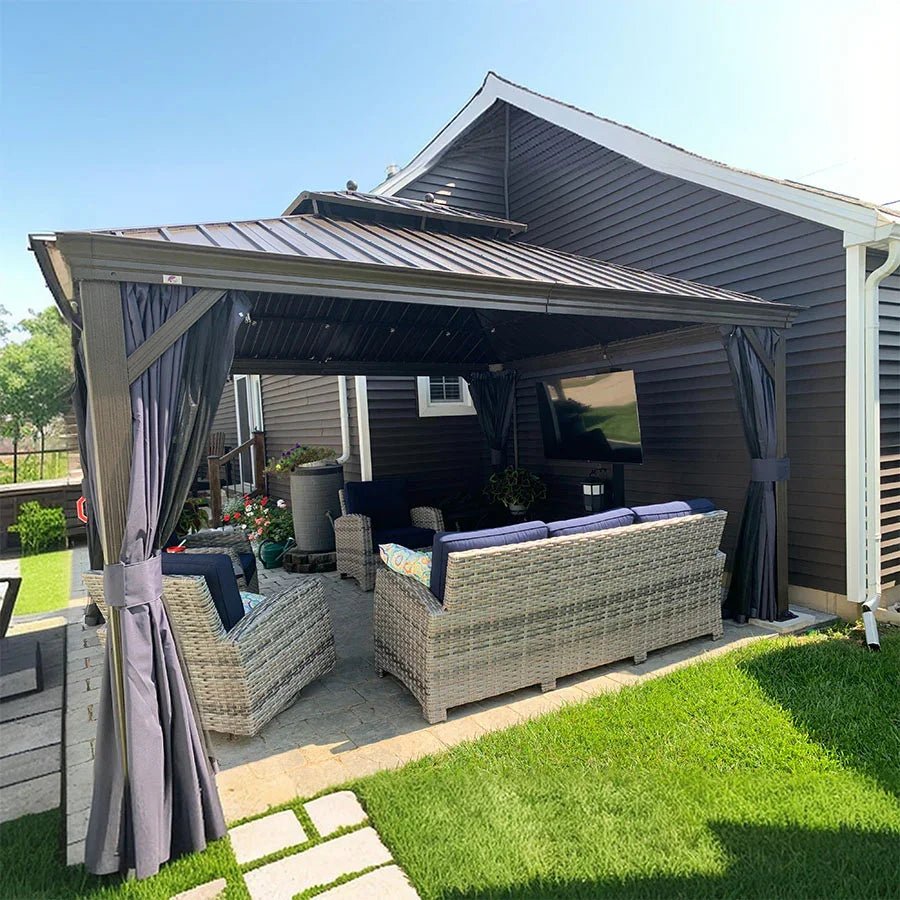 Outdoor Hardtop Gazebo for Patio Bronze Aluminum Frame Pavilion with Navy-Blue Curtain and String Lights-milky - Image 105