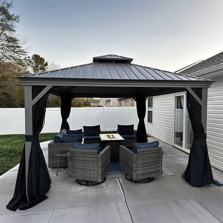 Patio Gazebo for Pool Light Grey Hardtop Galvanized Steel Roof with Upgraded Curtains - Image 107