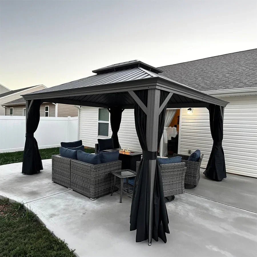 Patio Gazebo for Pool Light Grey Hardtop Galvanized Steel Roof with String Lights-clear - Image 2