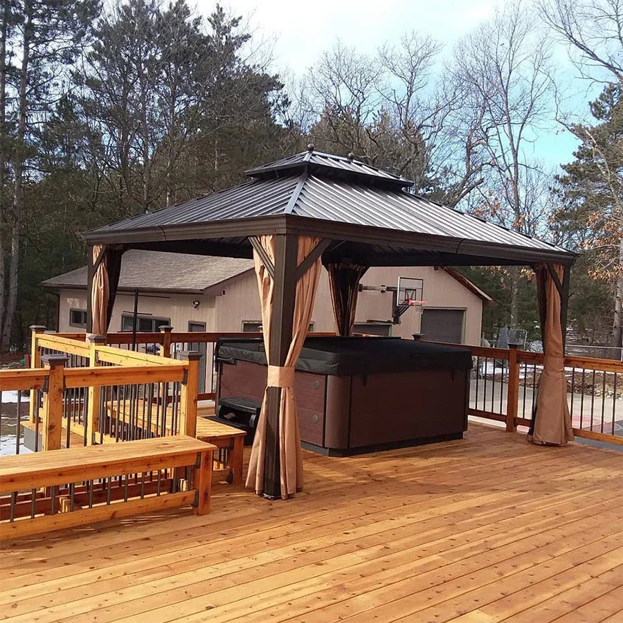 Outdoor Hardtop Gazebo for Garden Bronze Double Roof Aluminum Frame Pavilion with String Lights-clear - Image 125