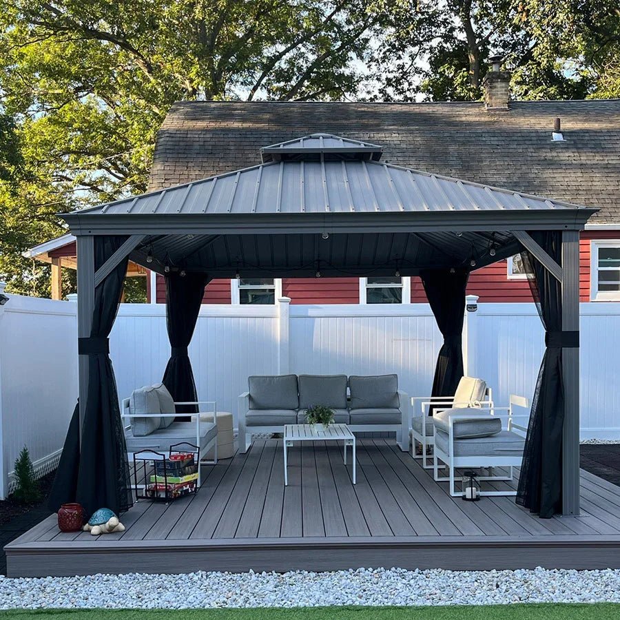 Patio Gazebo for Pool Light Grey Hardtop Galvanized Steel Roof with Upgraded Curtains - Image 85