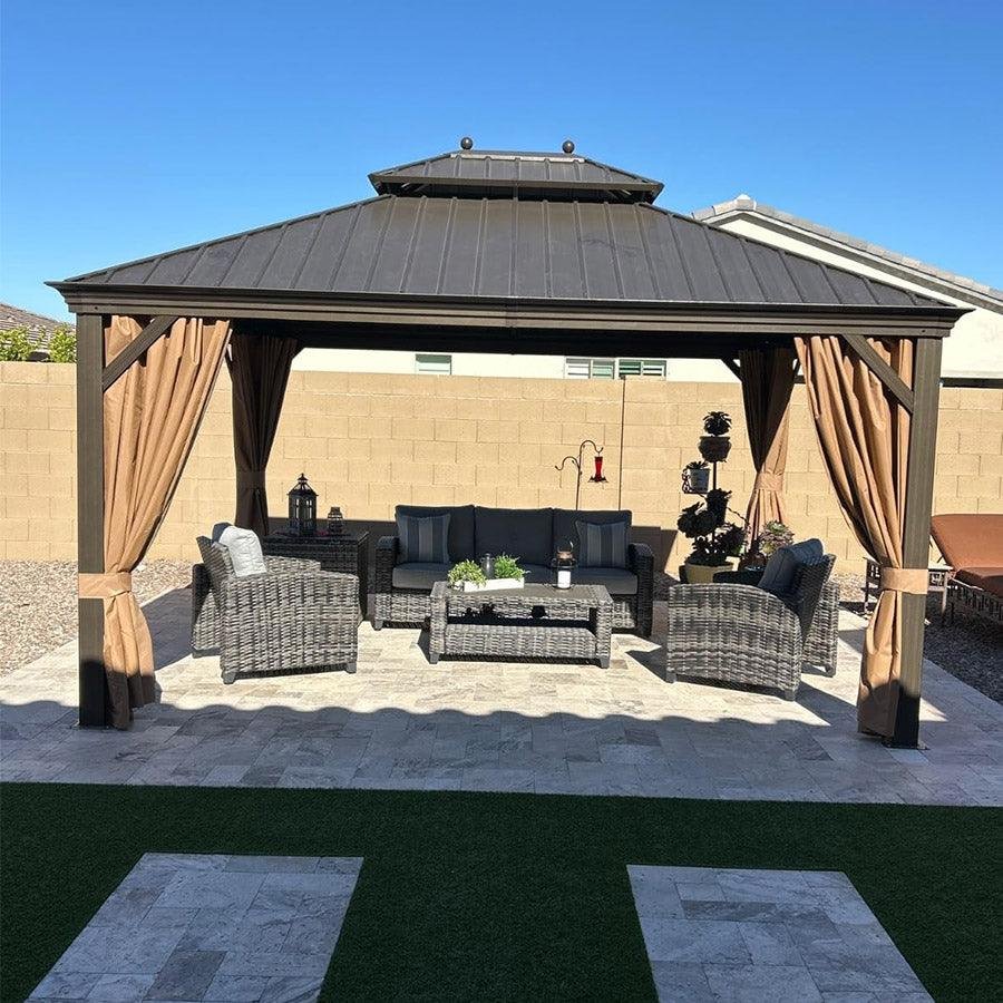 Outdoor Hardtop Gazebo for Garden Bronze Double Roof Aluminum Frame Pavilion with String Lights-clear - Image 98