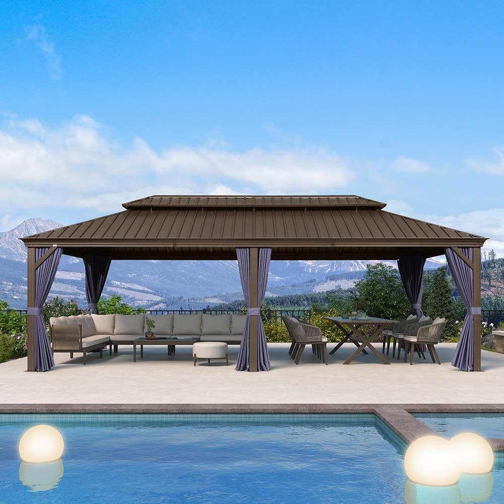 Outdoor Hardtop Gazebo for Patio Bronze Aluminum Frame Pavilion with Navy-Blue Curtain and String Lights-milky - Image 57