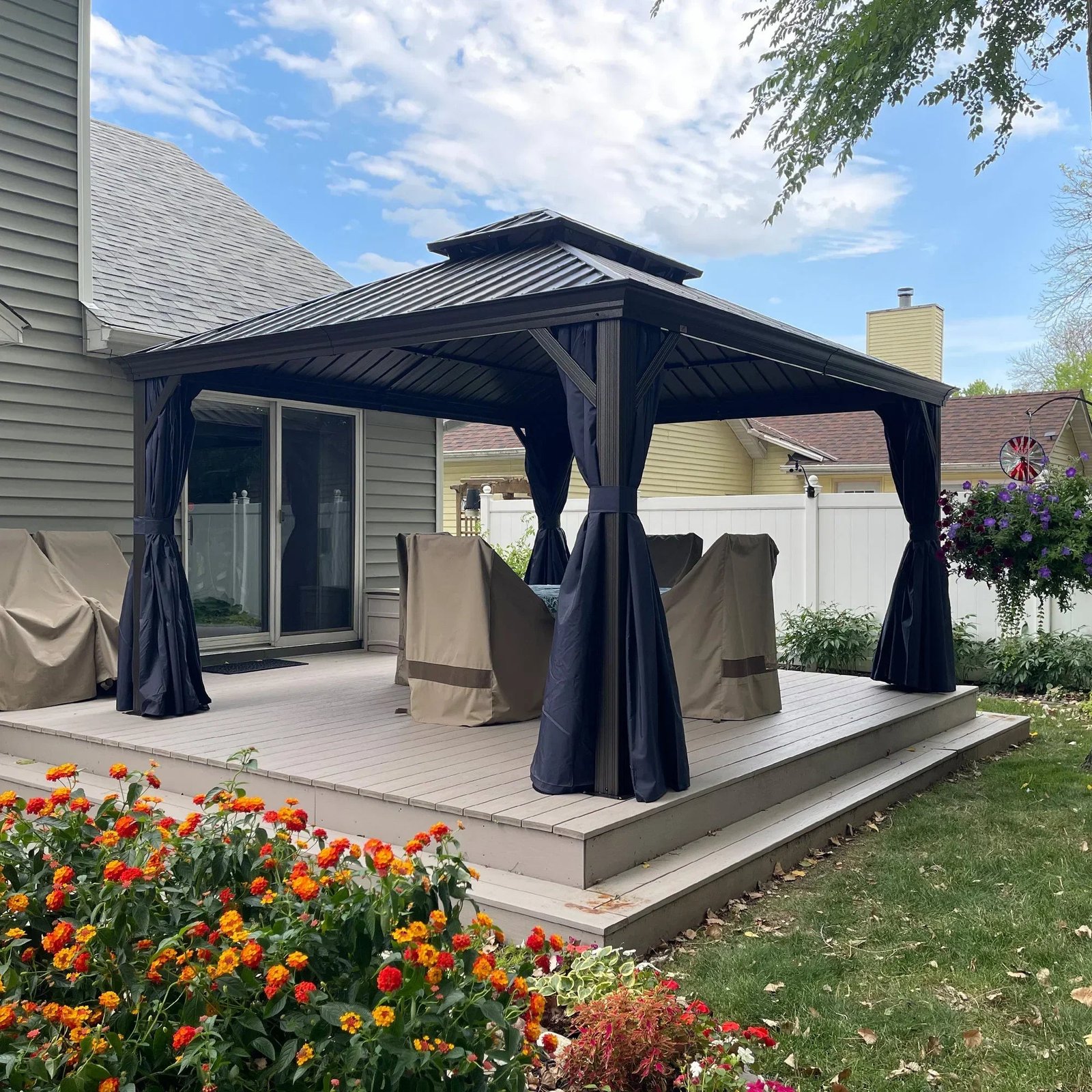Outdoor Hardtop Gazebo for Patio Bronze Aluminum Frame Pavilion with Navy-Blue Curtain and String Lights-milky - Image 2