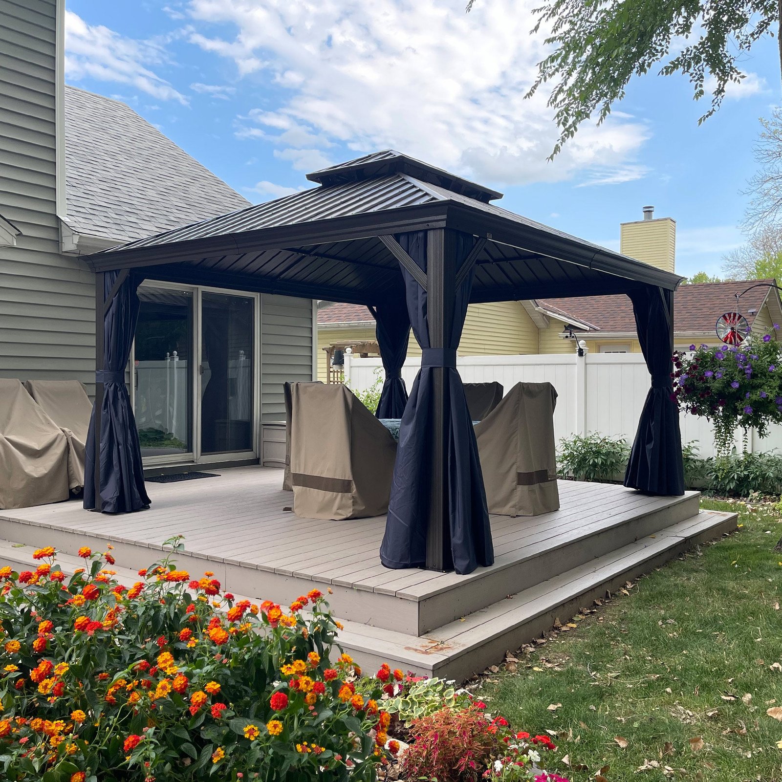 Outdoor Hardtop Gazebo for Patio Bronze Aluminum Frame Pavilion with Navy-Blue Curtain and String Lights-clear - Image 130