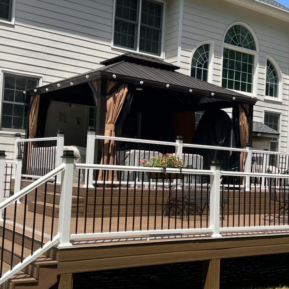 Outdoor Hardtop Gazebo for Garden Bronze Double Roof Aluminum Frame Pavilion with String Lights-milky - Image 48