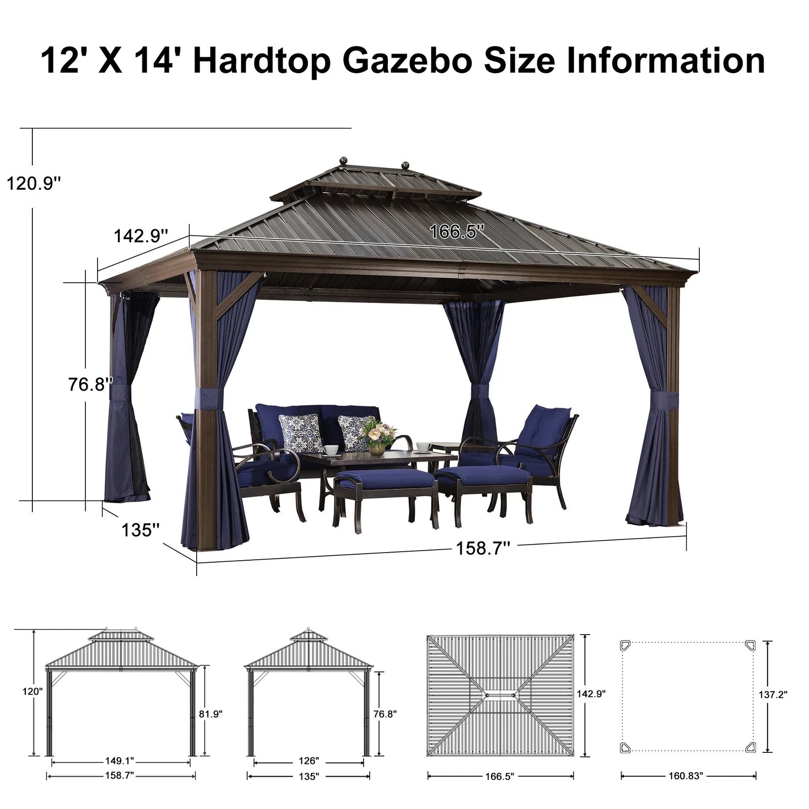Outdoor Hardtop Gazebo for Patio Bronze Aluminum Frame Pavilion with Navy-Blue Curtain and String Lights-milky - Image 110