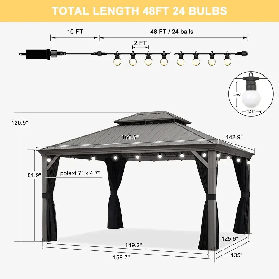 Patio Gazebo for Pool Light Grey Hardtop Galvanized Steel Roof with String Lights-milky - Image 88
